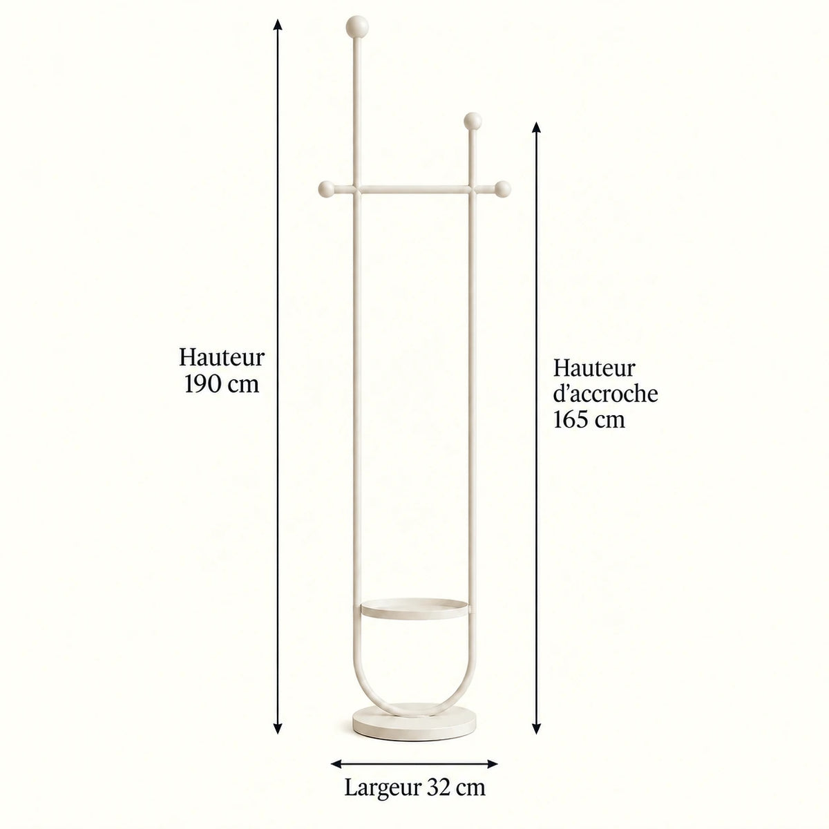 Portant sur pied design métal blanc crème 190 cm : dimensions 190 cm, hauteur d'accroche 165 cm et largeur 32 cm