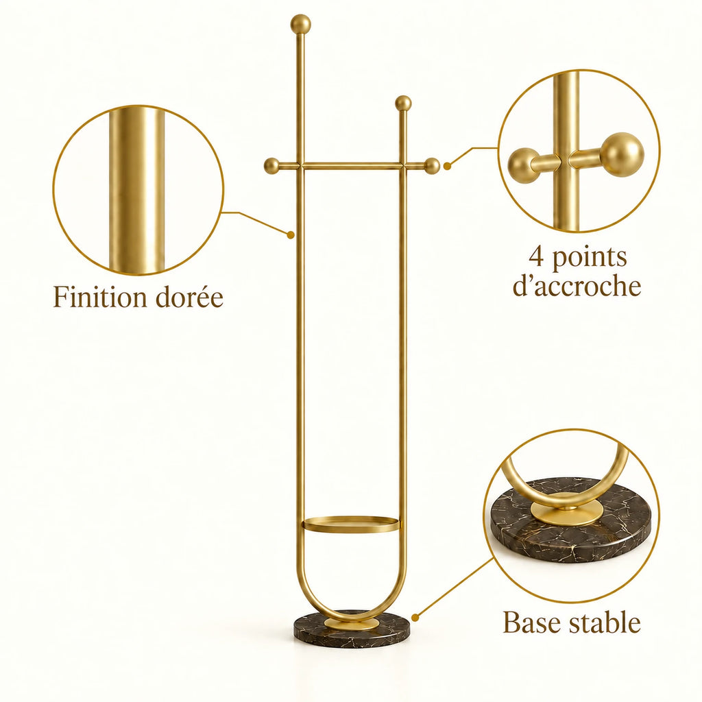 Portant sur pied design métal doré 190 cm : finition, quatre points d'accroche et base stable