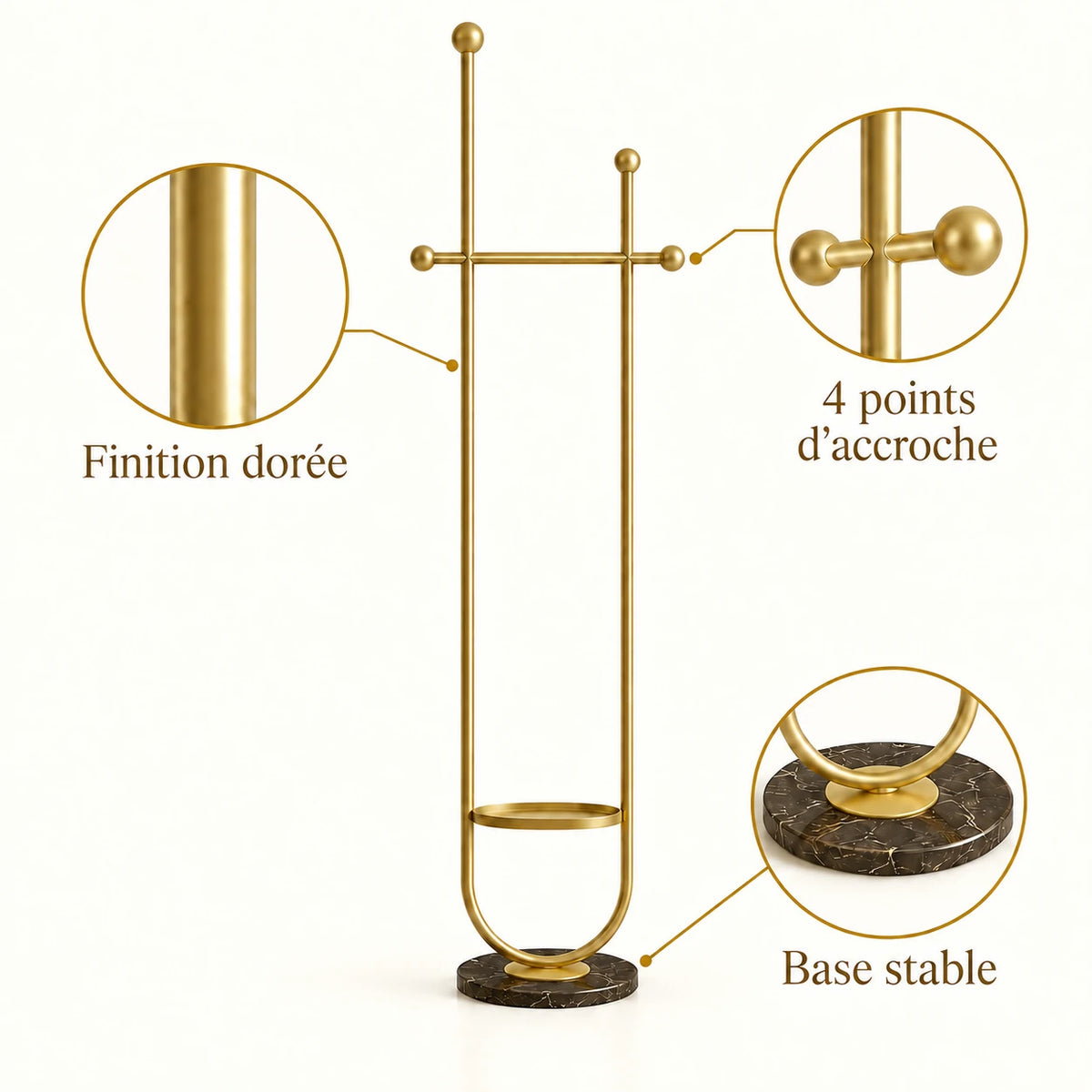 Portant sur pied design métal doré 190 cm : finition, quatre points d'accroche et base stable