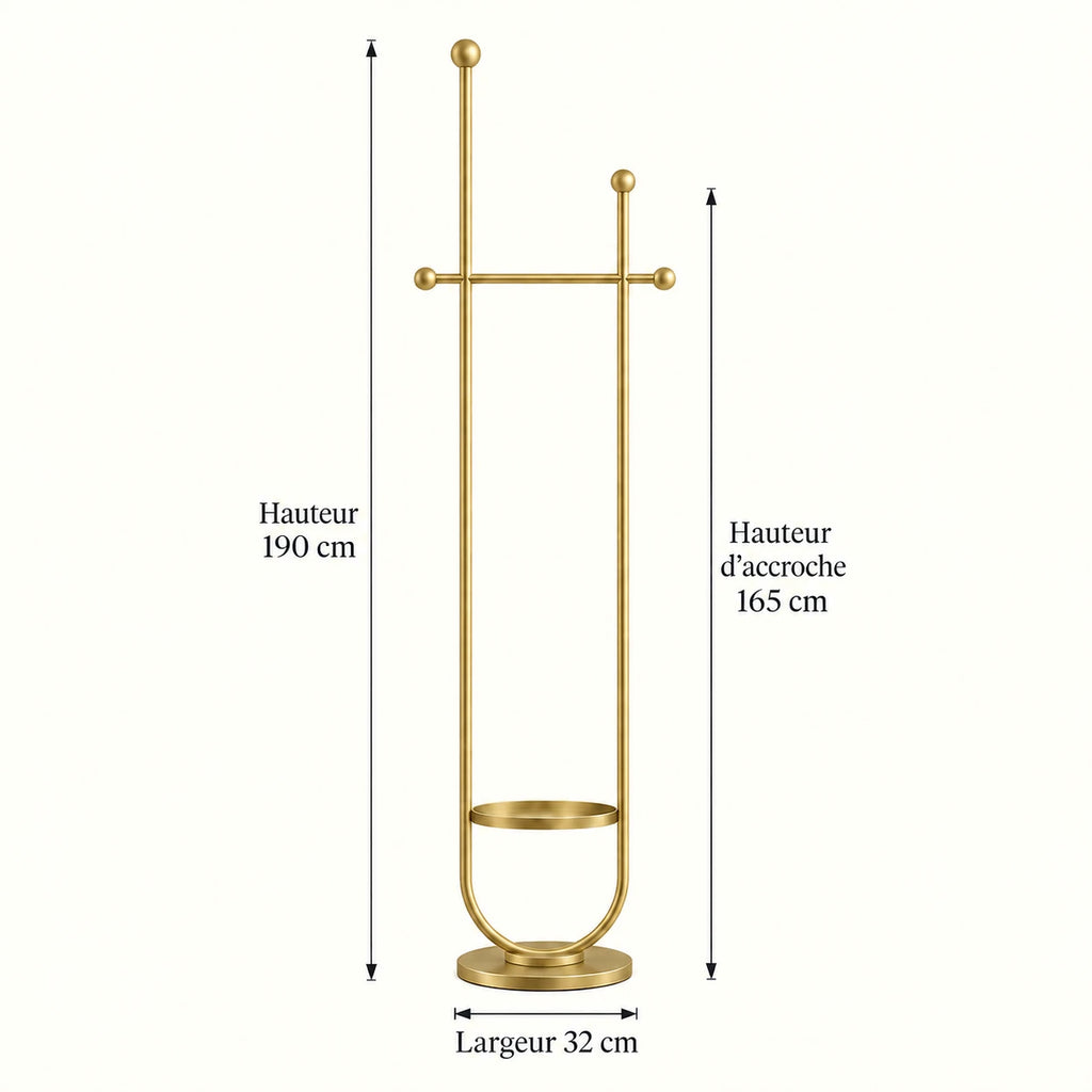 Portant sur pied design métal doré 190 cm : dimensions 190 cm, hauteur d'accroche 165 cm et largeur 32 cm