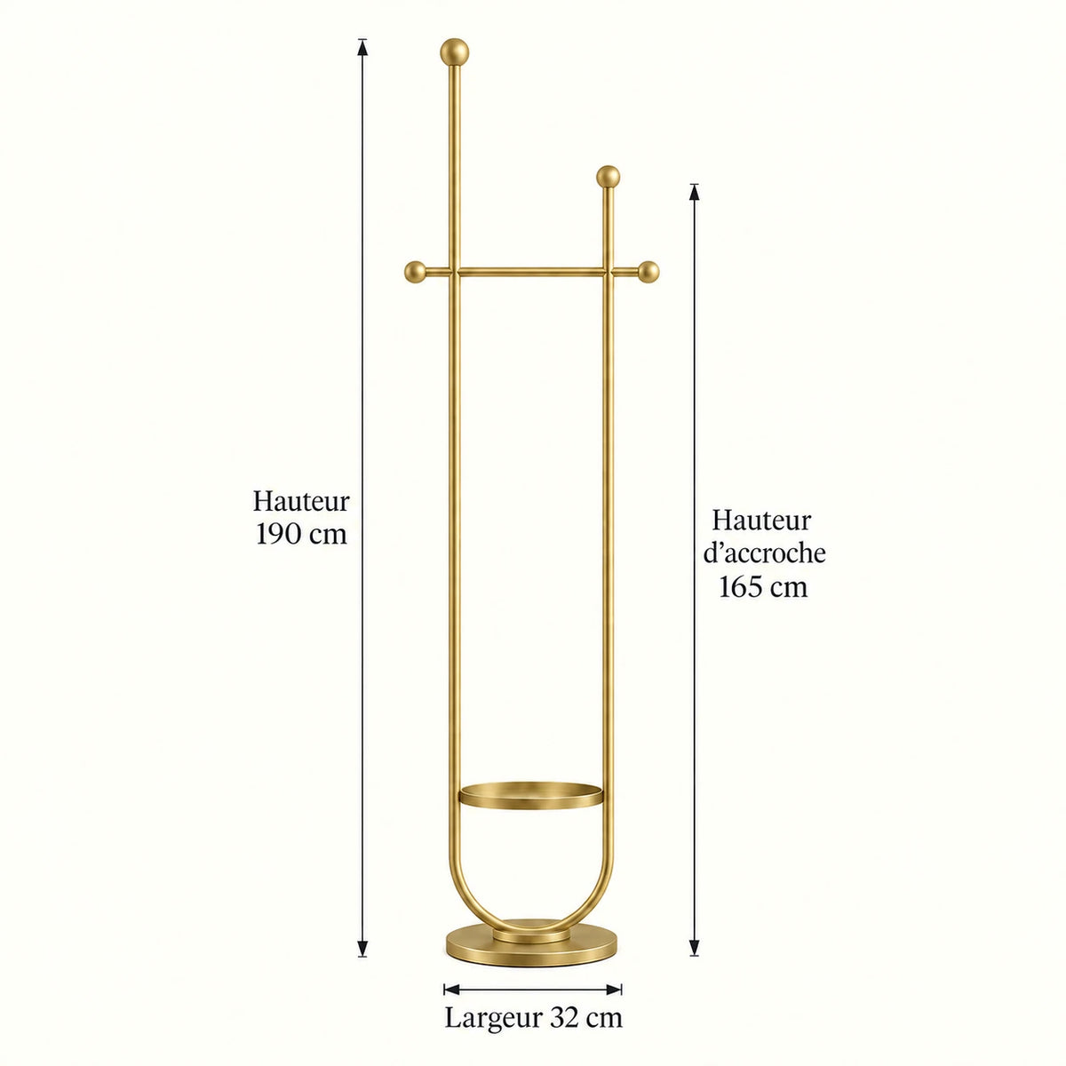 Portant sur pied design métal doré 190 cm : dimensions 190 cm, hauteur d'accroche 165 cm et largeur 32 cm