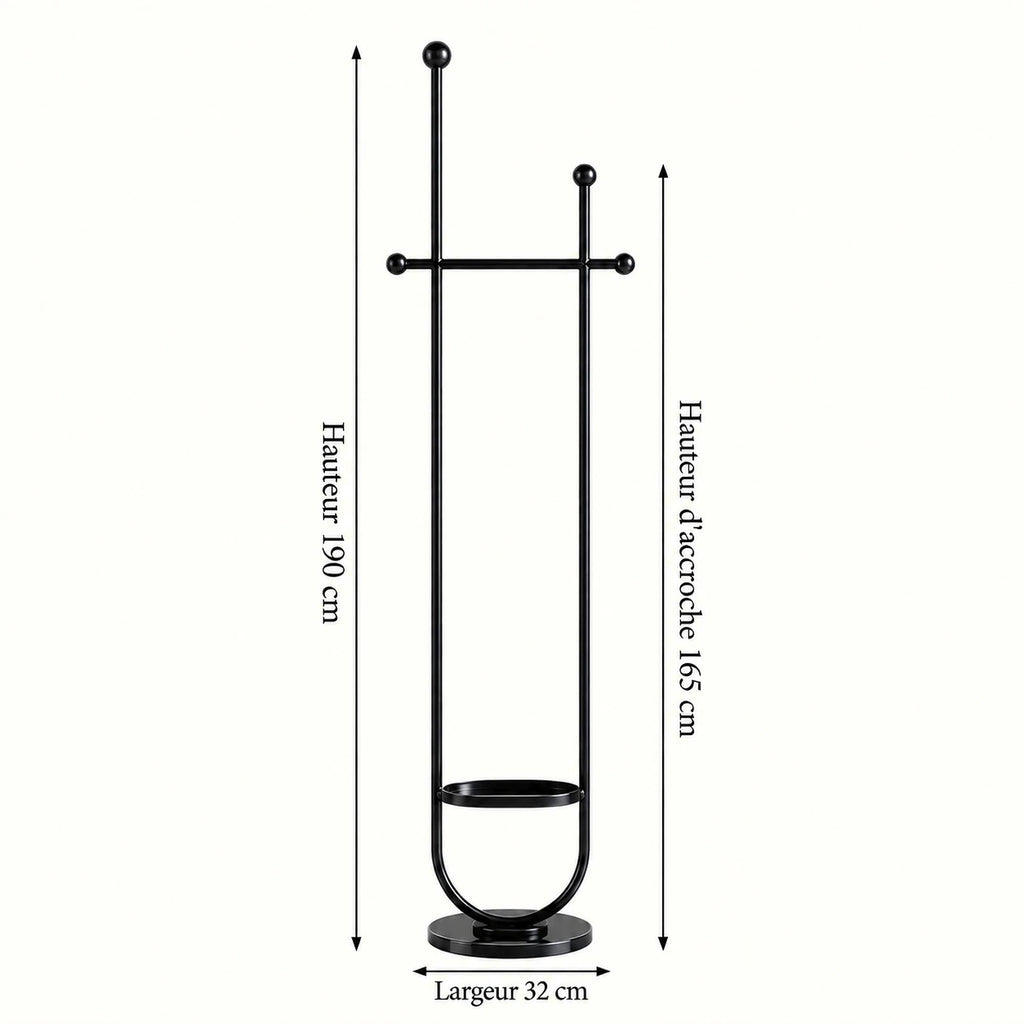 Portant sur pied design métal noir brillant 190 cm : dimensions 190 cm, hauteur d'accroche 165 cm et largeur 32 cm