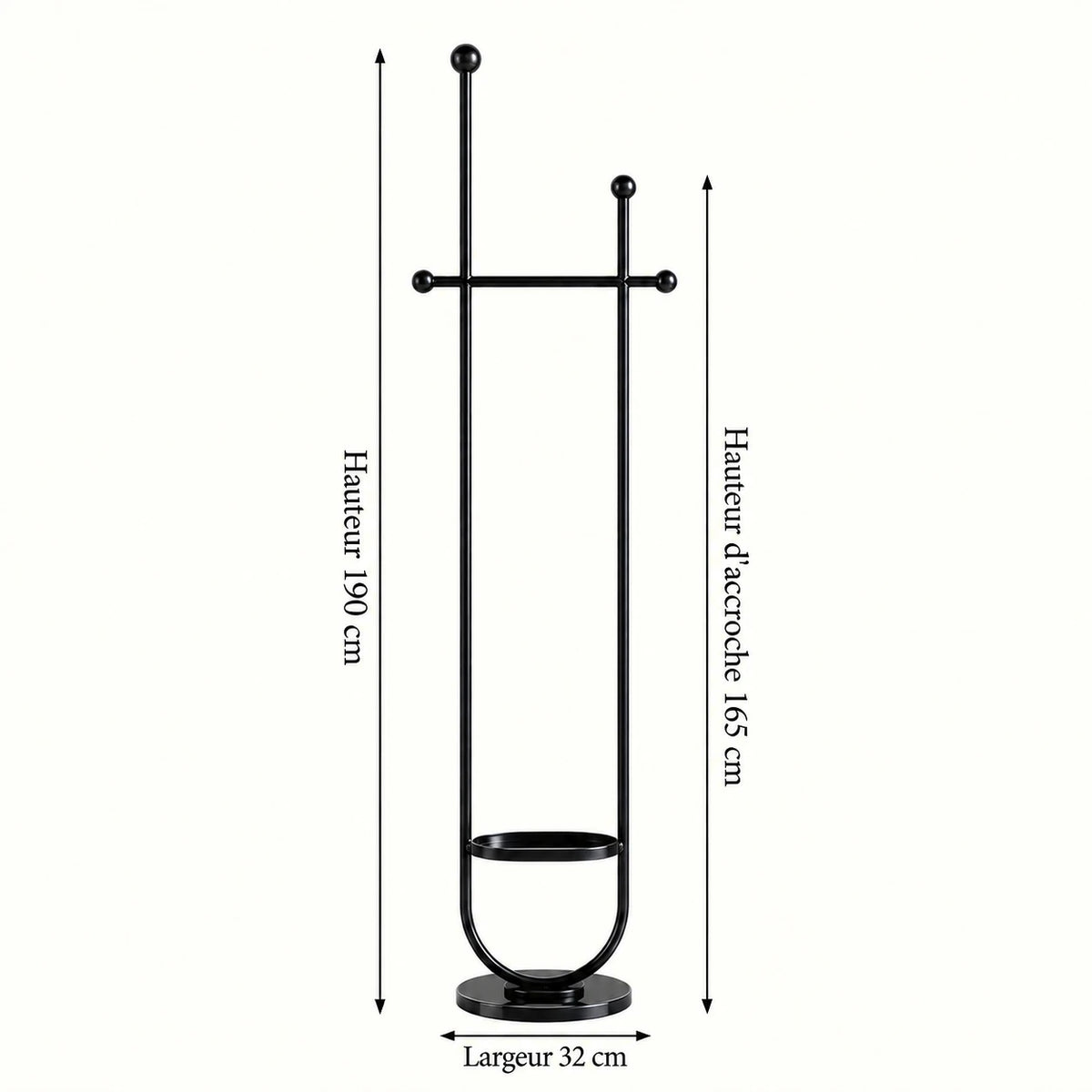 Portant sur pied design métal noir brillant 190 cm : dimensions 190 cm, hauteur d'accroche 165 cm et largeur 32 cm