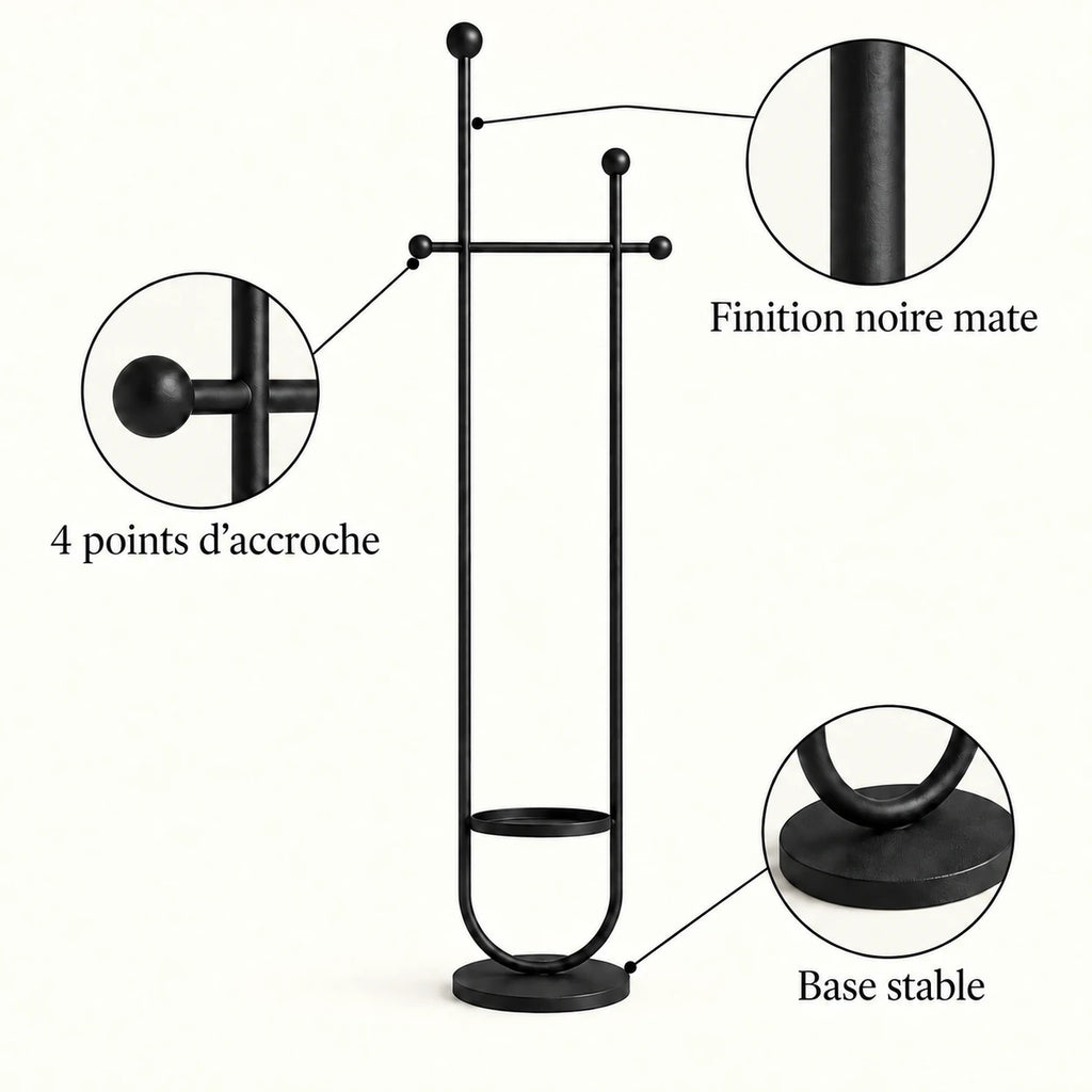 Portant sur pied design métal noir mat 190 cm : finition, quatre points d'accroche et base stable