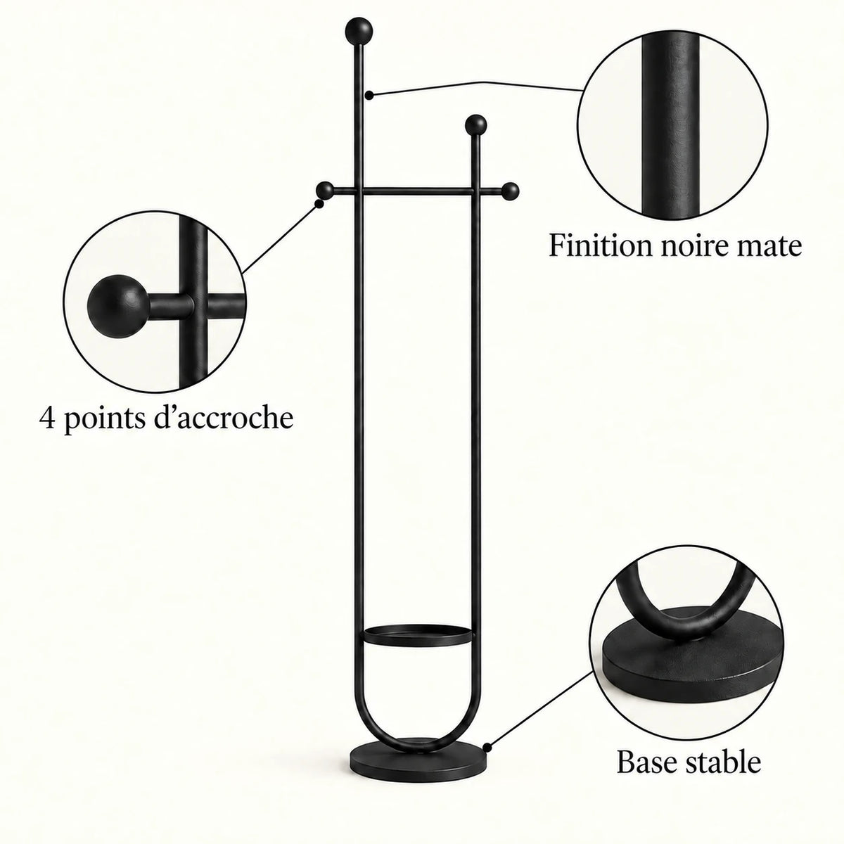 Portant sur pied design métal noir mat 190 cm : finition, quatre points d'accroche et base stable