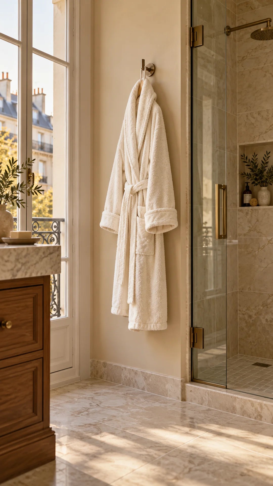 Illustration d’un peignoir suspendu à une patère hors de la douche Image