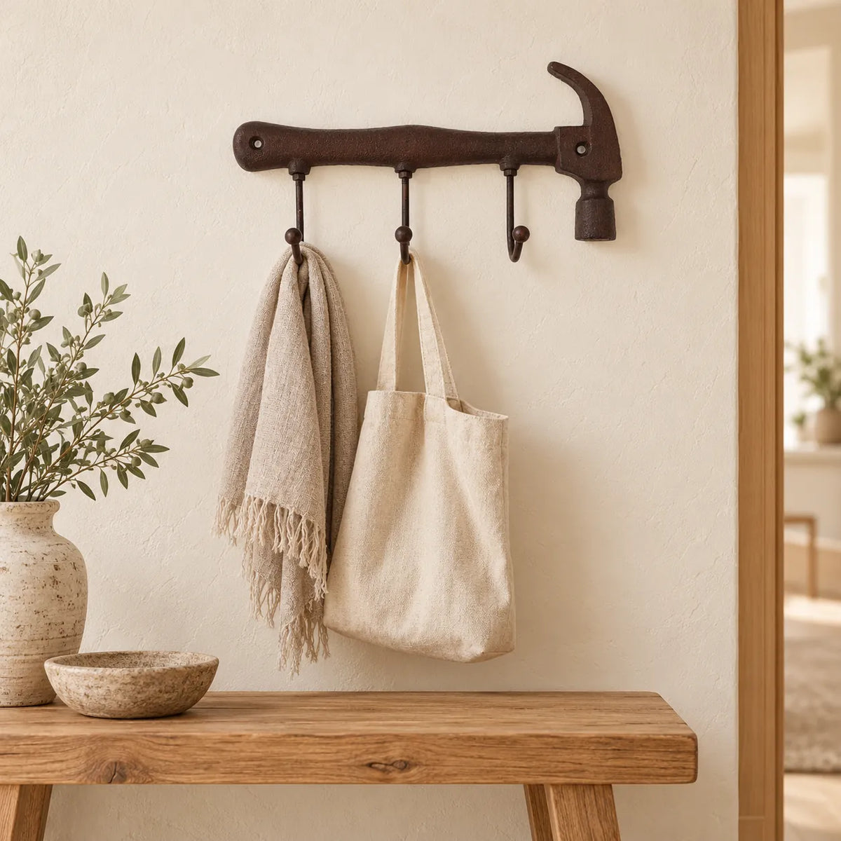 Patère marteau avec écharpe sèche et sac vide dans une entrée claire