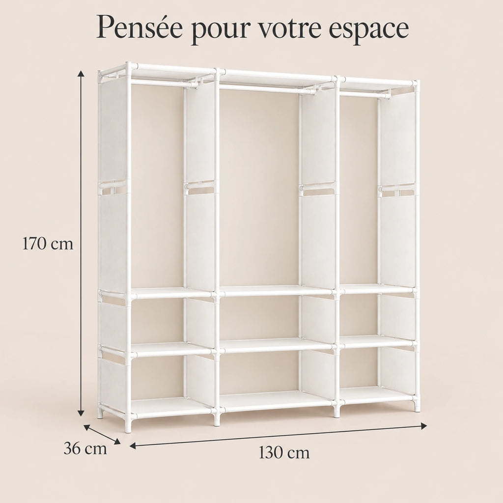 Armoire penderie blanche 3 colonnes 130 cm - dimensions