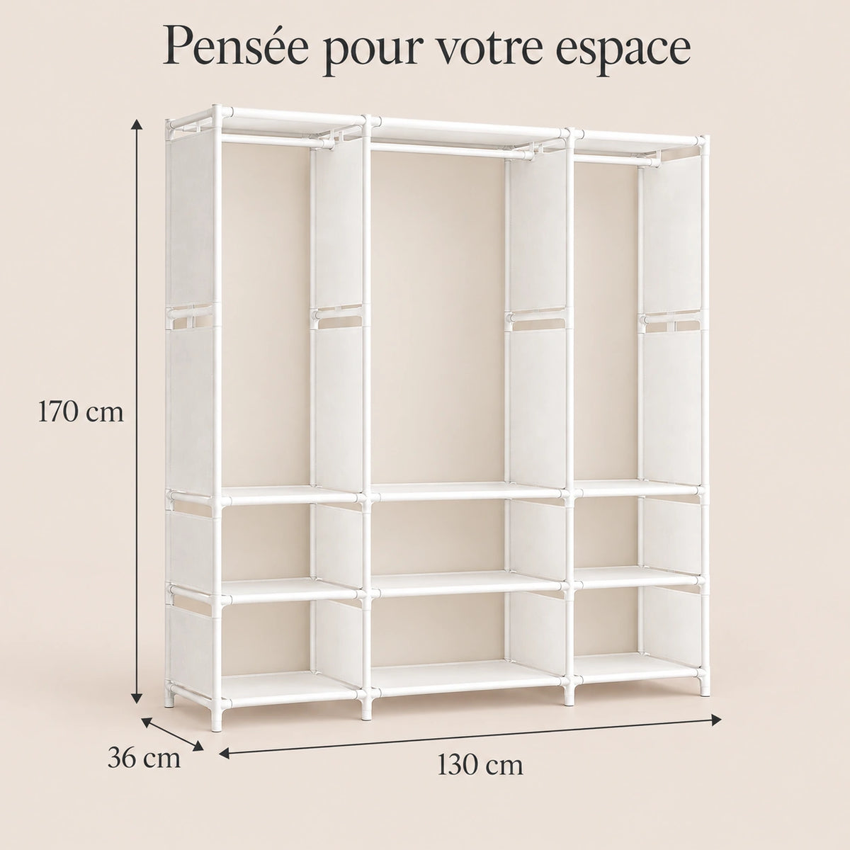 Armoire penderie blanche 3 colonnes 130 cm - dimensions