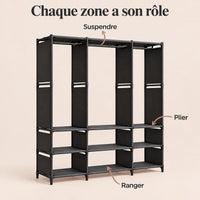 Dressing ouvert noir 3 colonnes 130 cm - utilisation des espaces