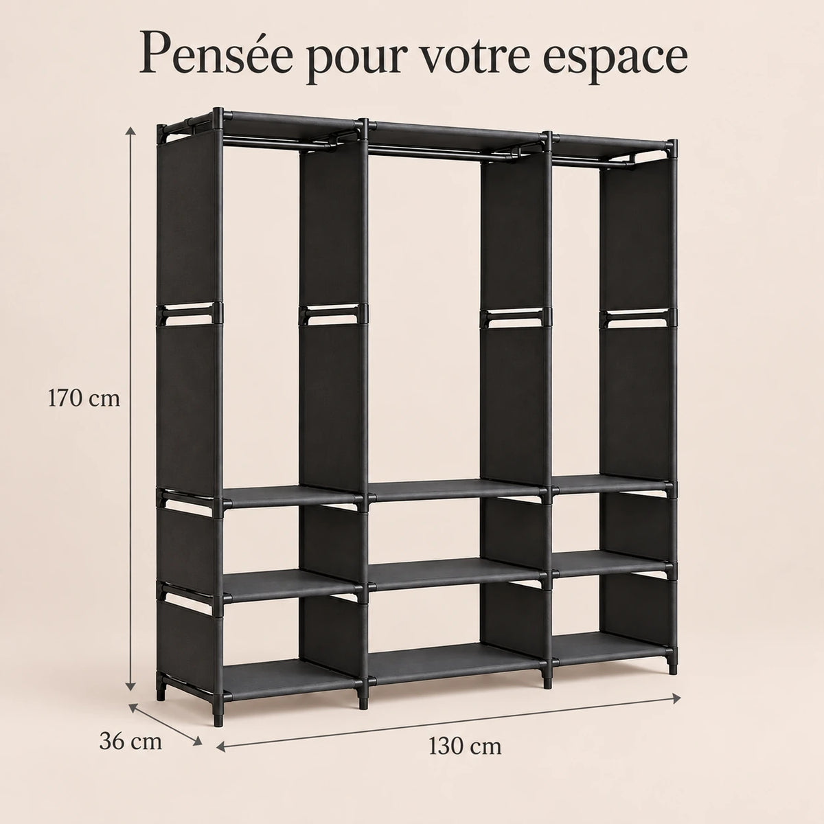Dressing ouvert noir 3 colonnes 130 cm - dimensions
