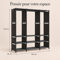 Dressing ouvert noir 3 colonnes 130 cm - dimensions
