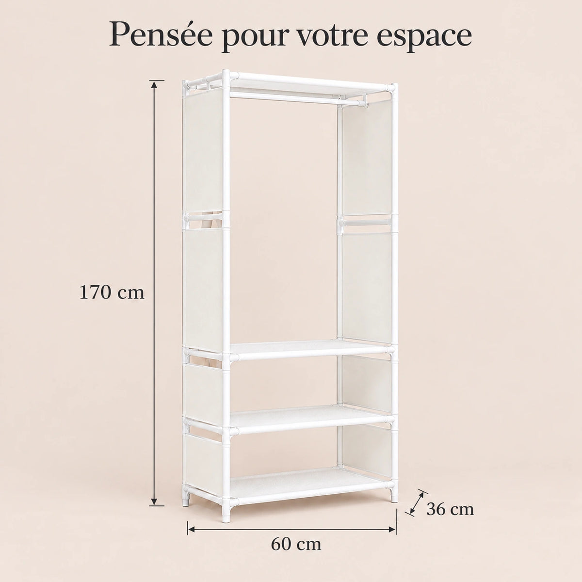 Penderie métal blanche 1 colonne 60 cm - dimensions