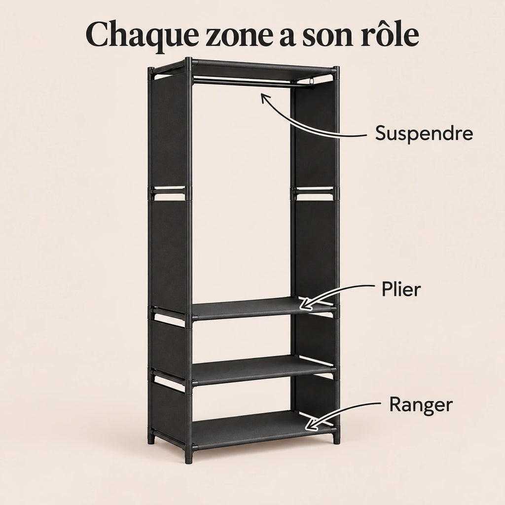 Penderie noire 1 colonne 60 cm métal - utilisation des espaces