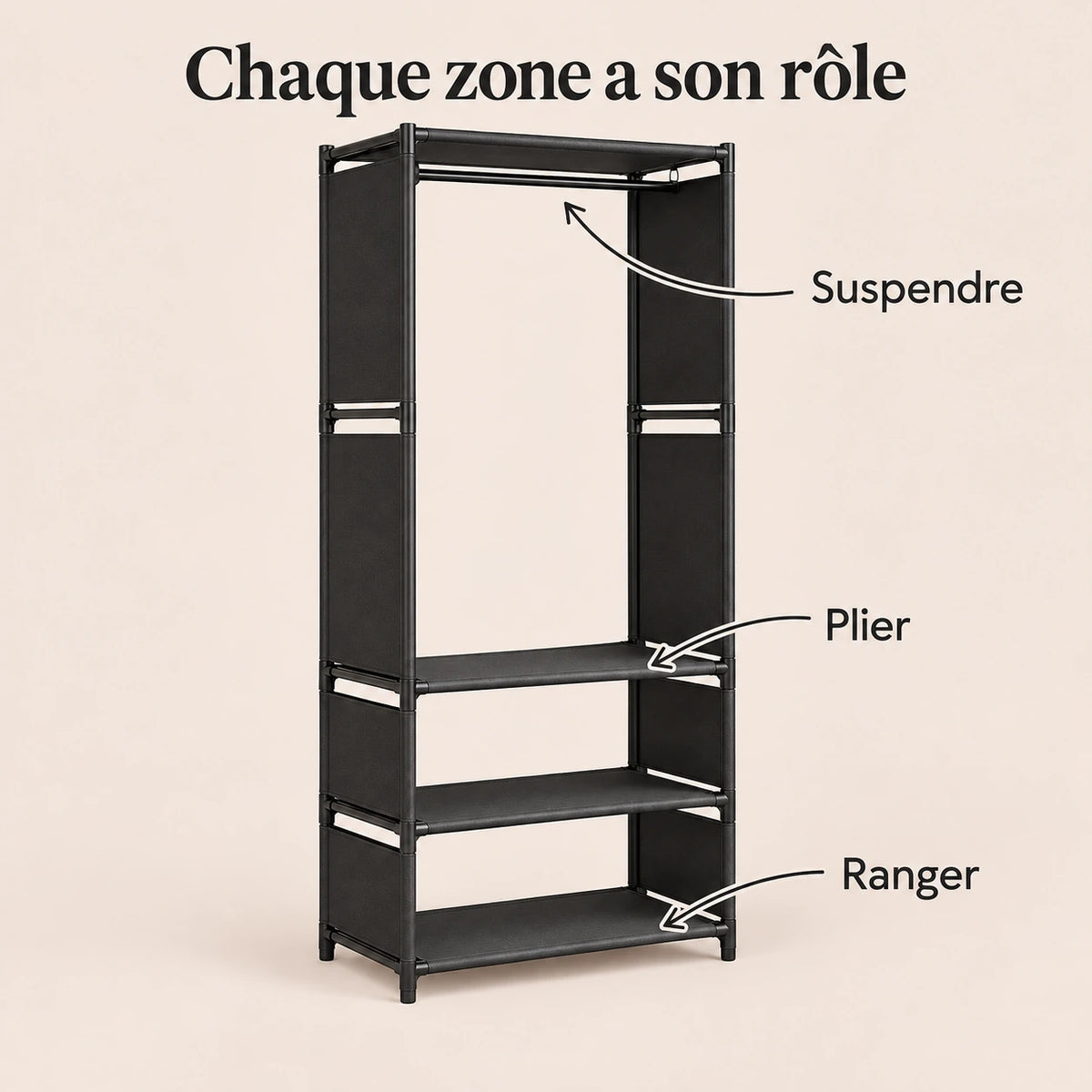Penderie noire 1 colonne 60 cm métal - utilisation des espaces