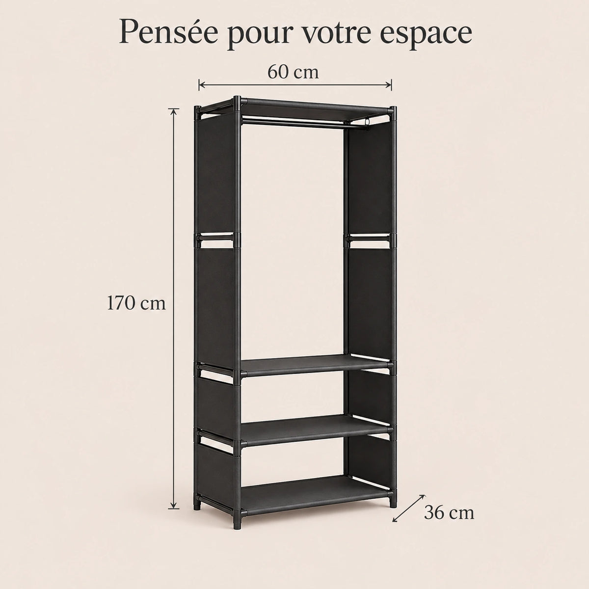 Penderie noire 1 colonne 60 cm métal - dimensions