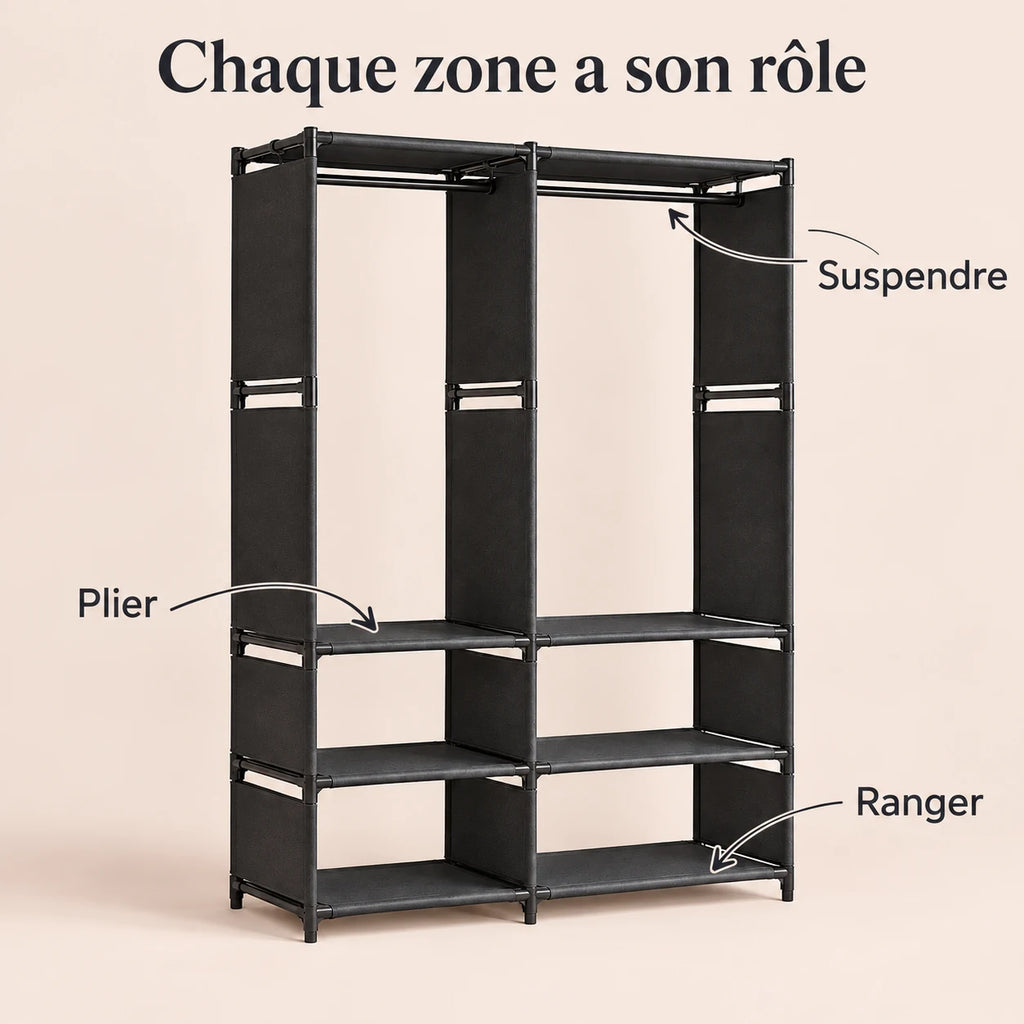 Penderie noire 2 colonnes 95 cm métal - utilisation des espaces