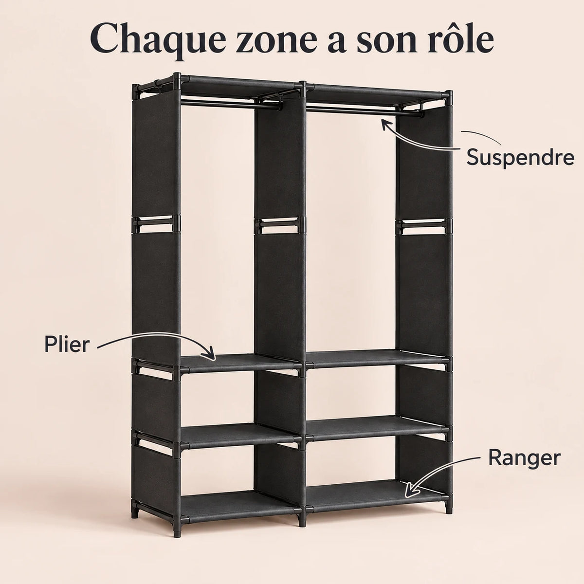 Penderie noire 2 colonnes 95 cm métal - utilisation des espaces