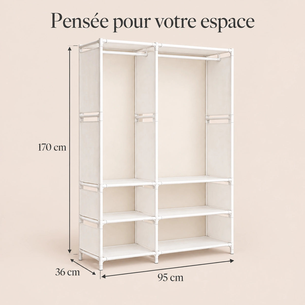Penderie ouverte blanche 2 colonnes 95 cm - dimensions