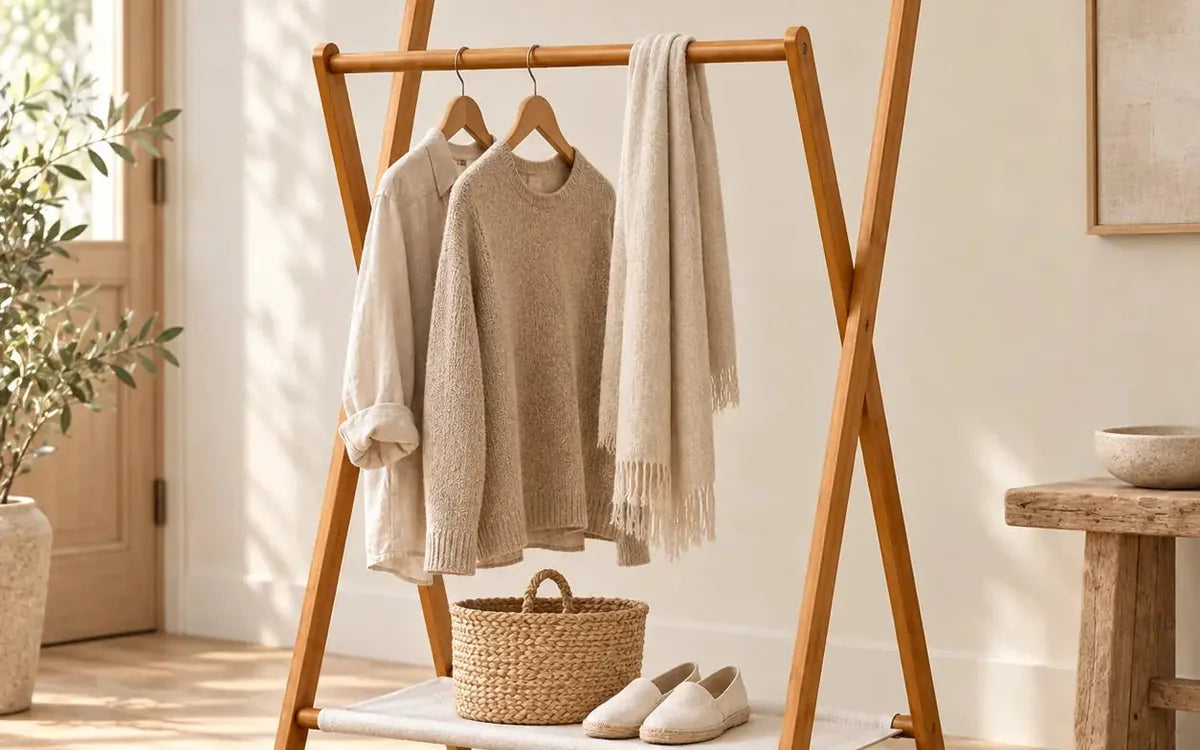 Photo du portant bambou 79 × 44 × 114 cm : vérifier la longueur des vêtements sous la barre. Image