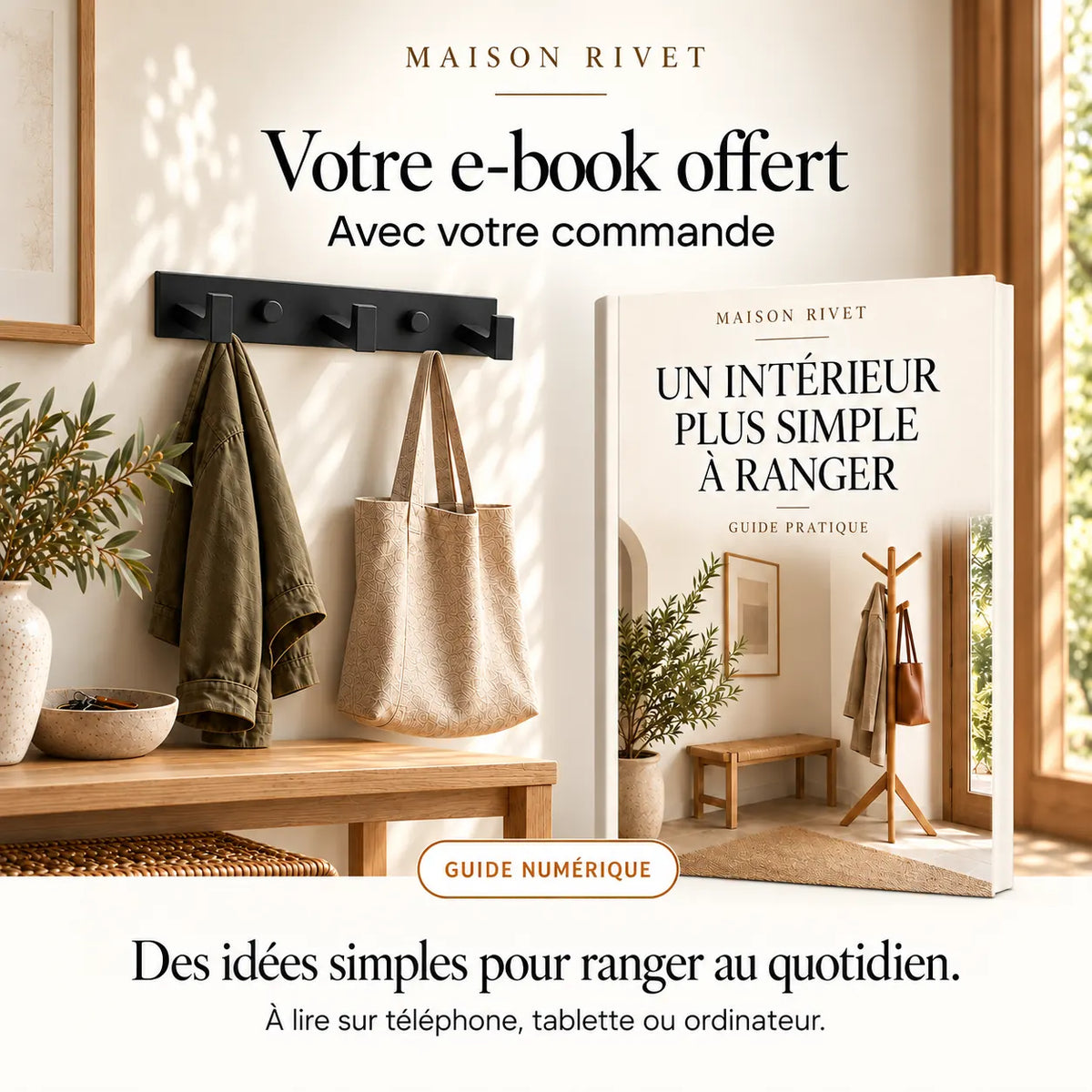 Guide numérique Maison Rivet offert avec la commande, produit à gauche et e-book à droite