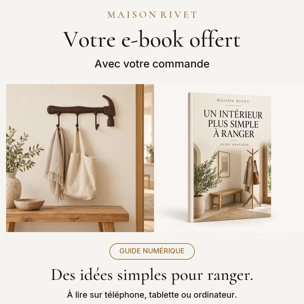 Guide numérique Maison Rivet offert avec la commande, produit à gauche et e-book à droite