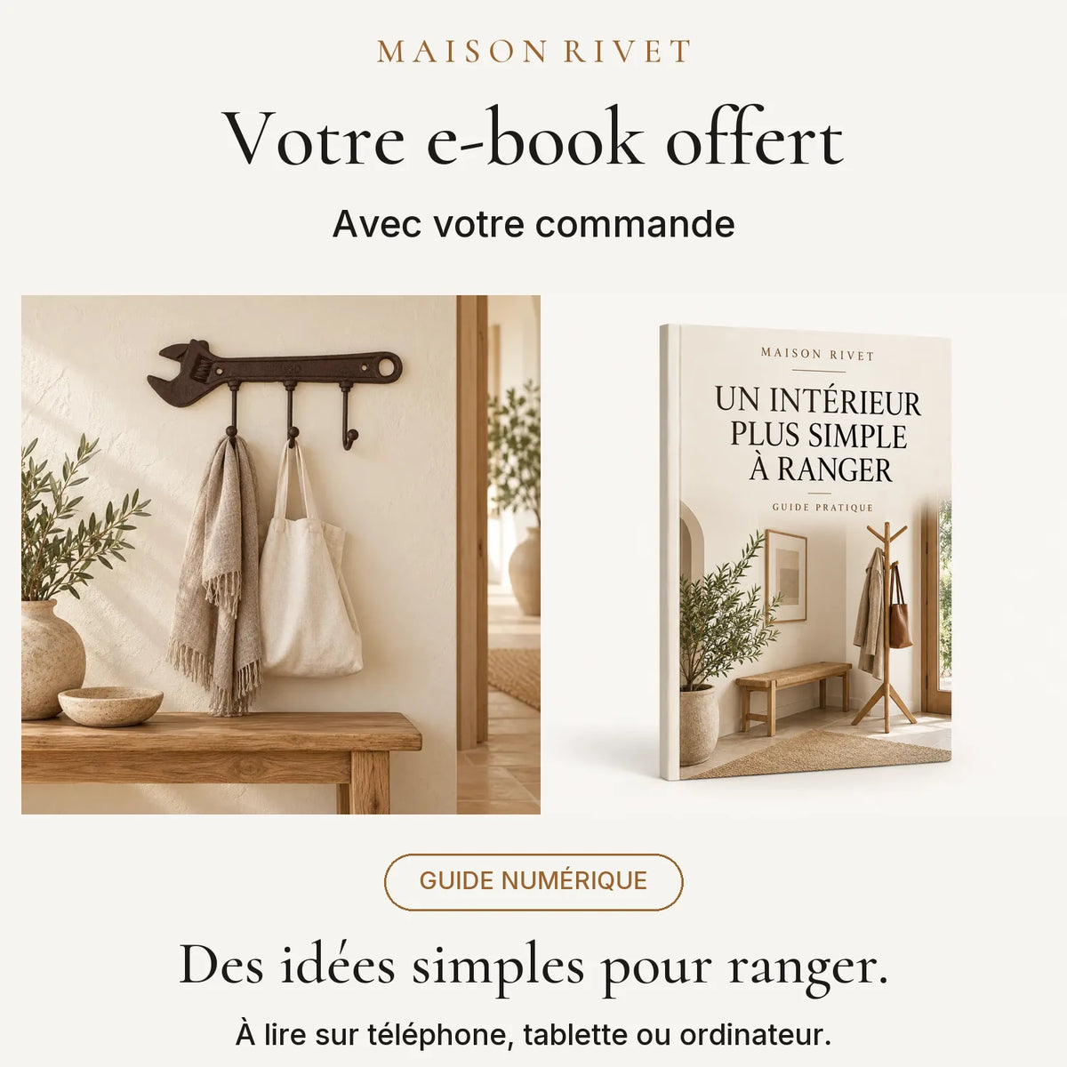 Guide numérique Maison Rivet offert avec la commande, produit à gauche et e-book à droite