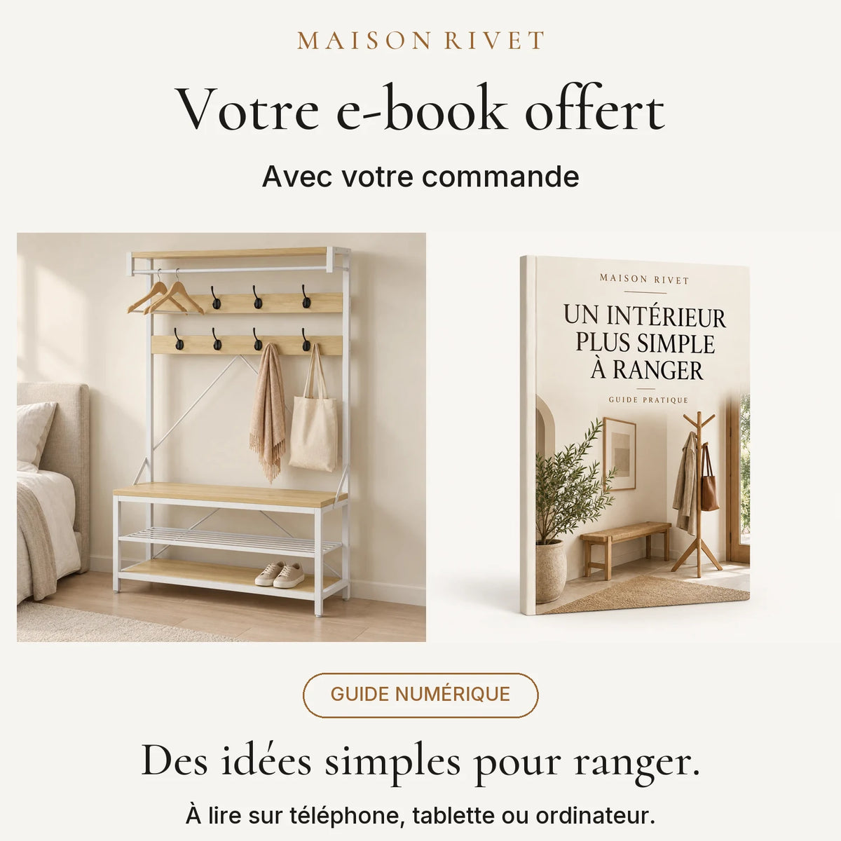 Guide numérique Maison Rivet offert avec la commande, produit à gauche et e-book à droite