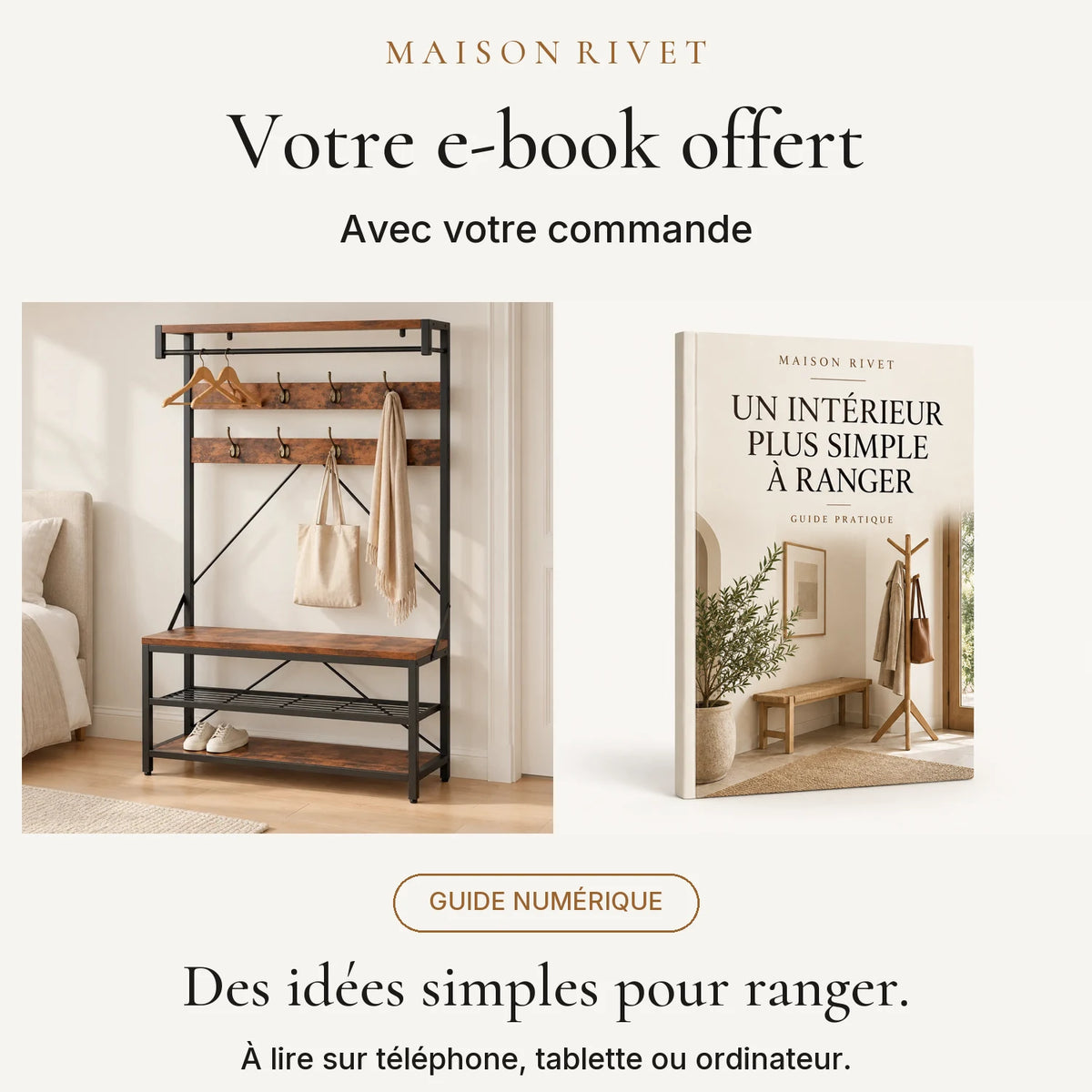 Guide numérique Maison Rivet offert avec la commande, produit à gauche et e-book à droite