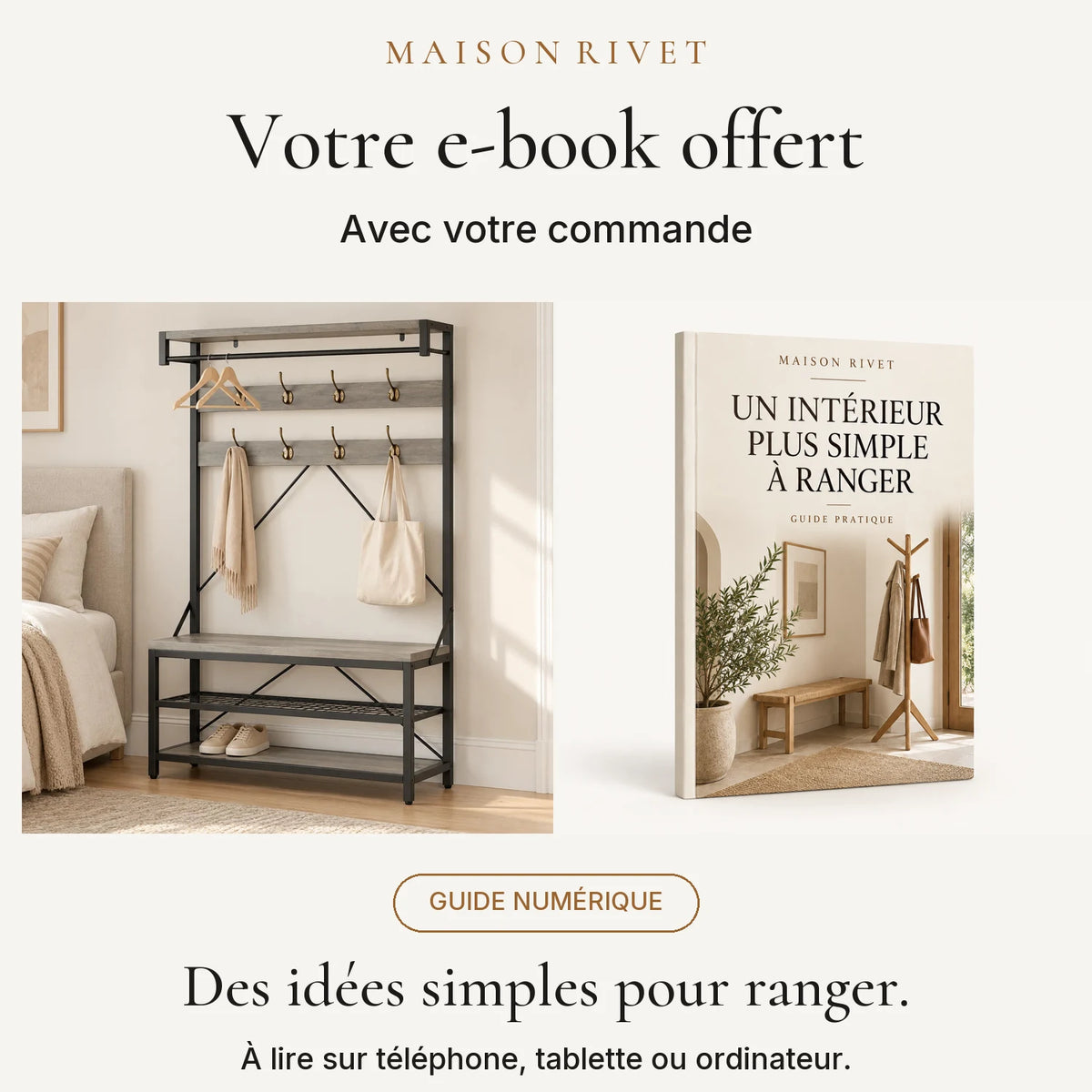 Guide numérique Maison Rivet offert avec la commande, produit à gauche et e-book à droite