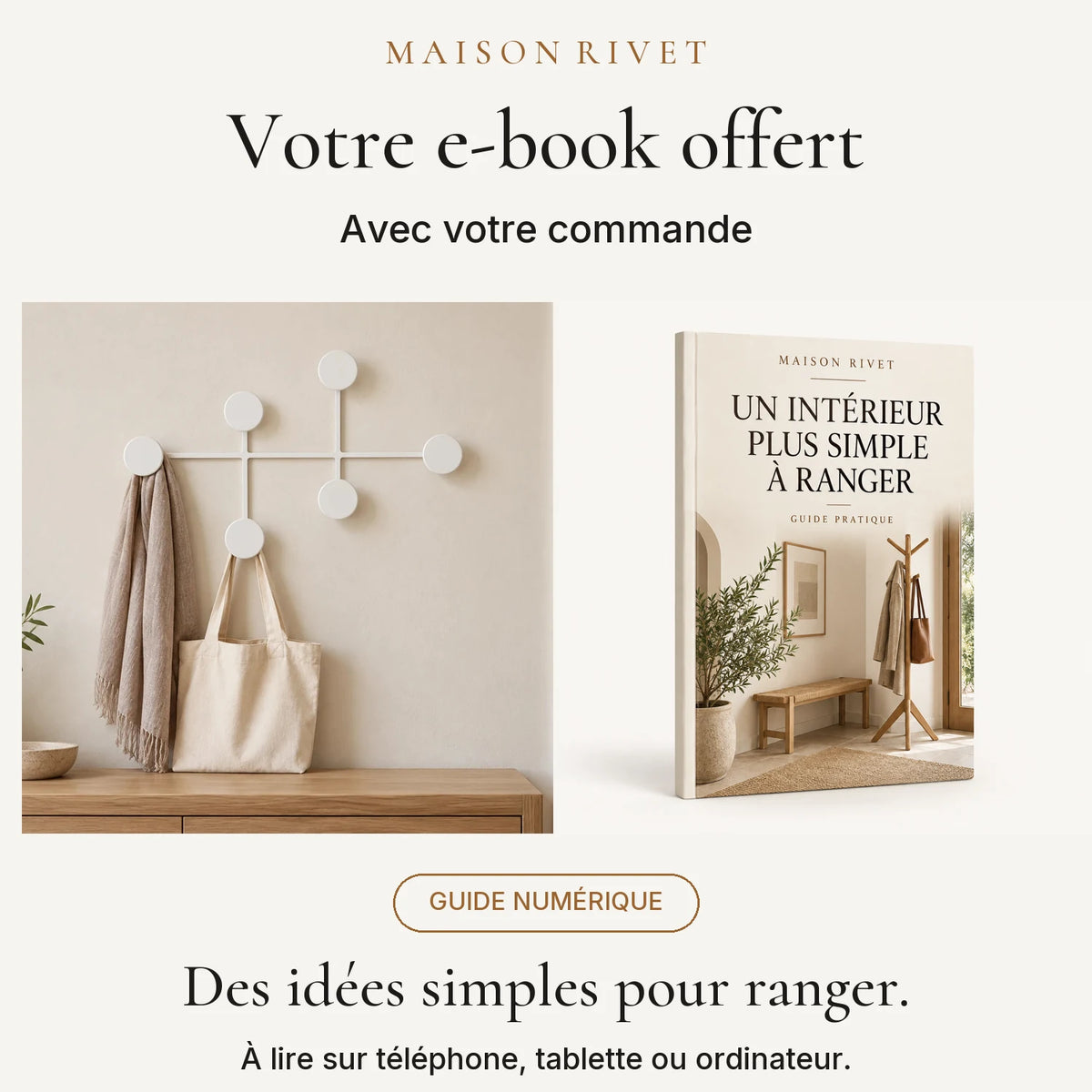 Guide numérique Maison Rivet offert avec la commande, produit à gauche et e-book à droite