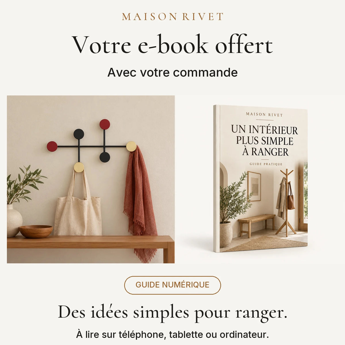 Guide numérique Maison Rivet offert avec la commande, produit à gauche et e-book à droite