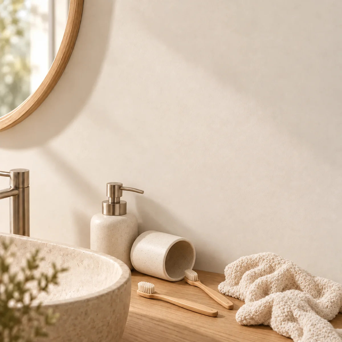 Illustration avant rangement : accessoires regroupes pres du lavabo, etagere absente