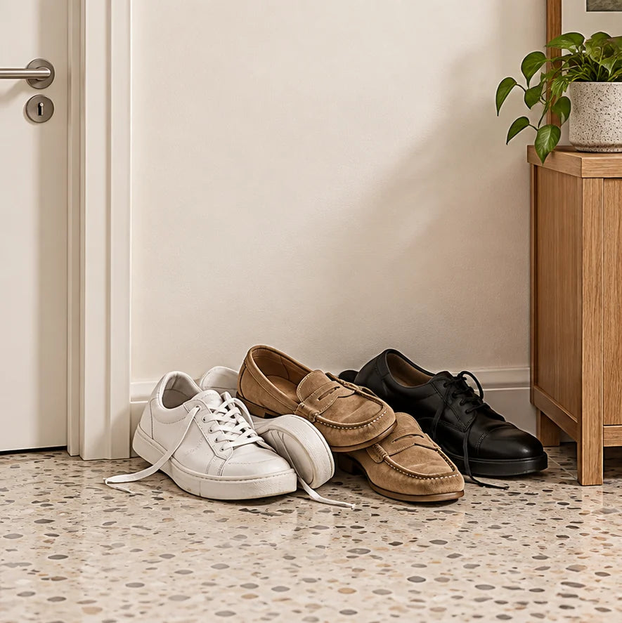 Illustration d’usage avant rangement : affaires encombrantes — famille chaussures