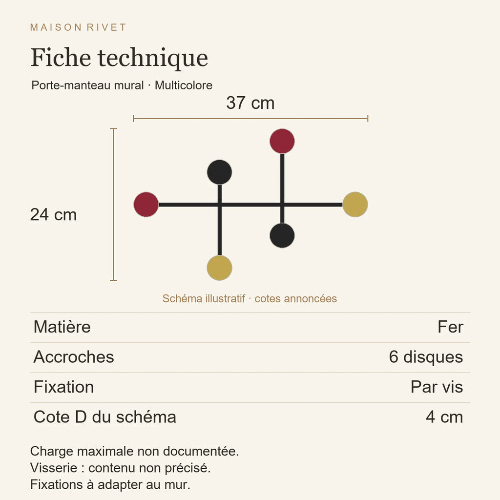 Fiche technique multicolore : fer, largeur 37 cm, hauteur 24 cm, six disques, fixation par vis, cote D fournisseur 40 mm