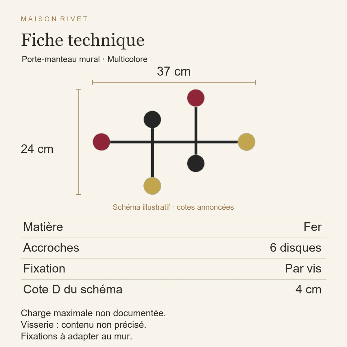 Fiche technique multicolore : fer, largeur 37 cm, hauteur 24 cm, six disques, fixation par vis, cote D fournisseur 40 mm