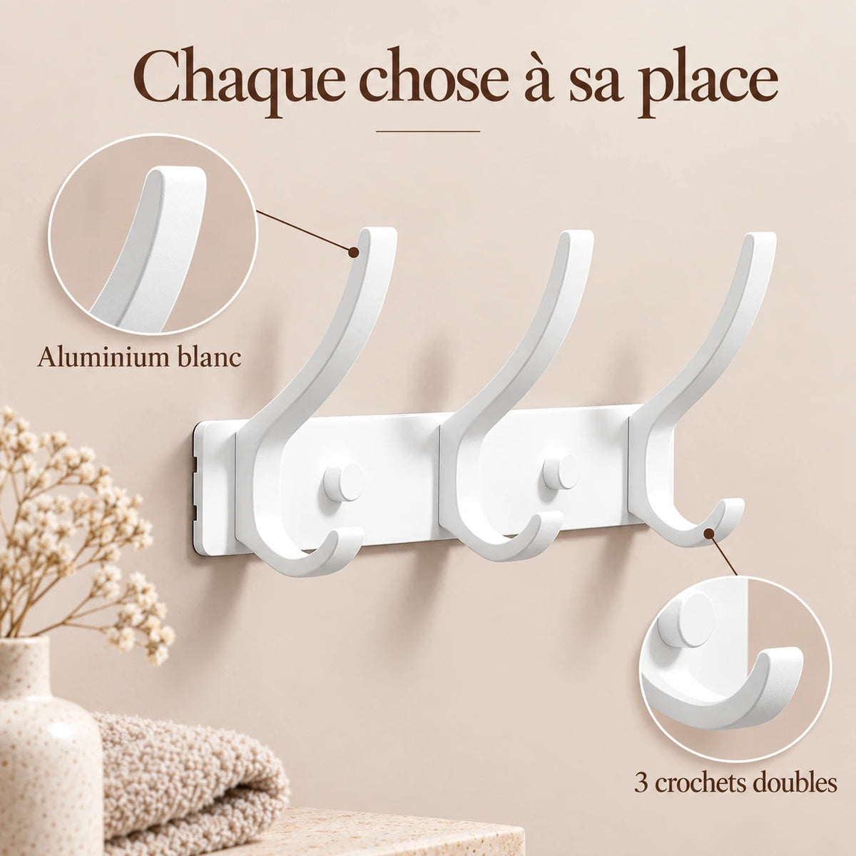 Crochet mural pliant blanc 3 crochets aluminium, porte-manteau mural blanc : infographie des crochets doubles et de l'aluminium blanc