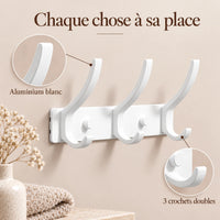 Crochet mural pliant blanc 3 crochets aluminium, porte-manteau mural blanc : infographie des crochets doubles et de l'aluminium blanc