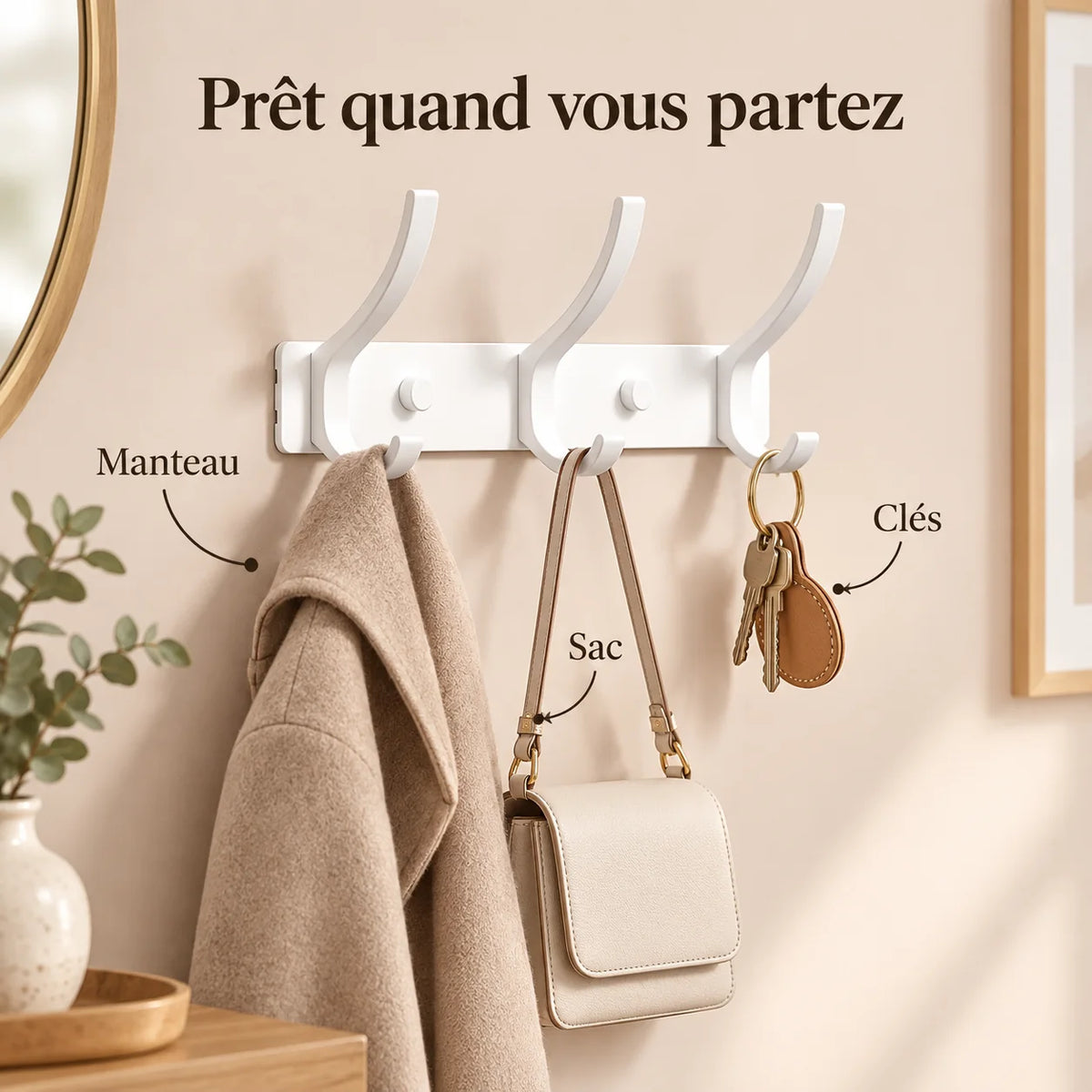 Crochet mural pliant blanc 3 crochets aluminium, porte-manteau mural blanc : avec manteau, sac et clés suspendus