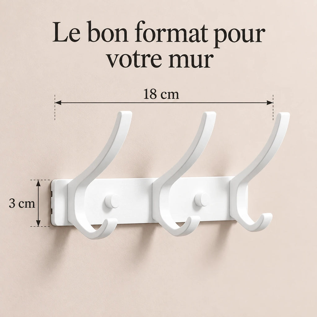 Crochet mural pliant blanc 3 crochets aluminium, porte-manteau mural blanc : infographie des dimensions