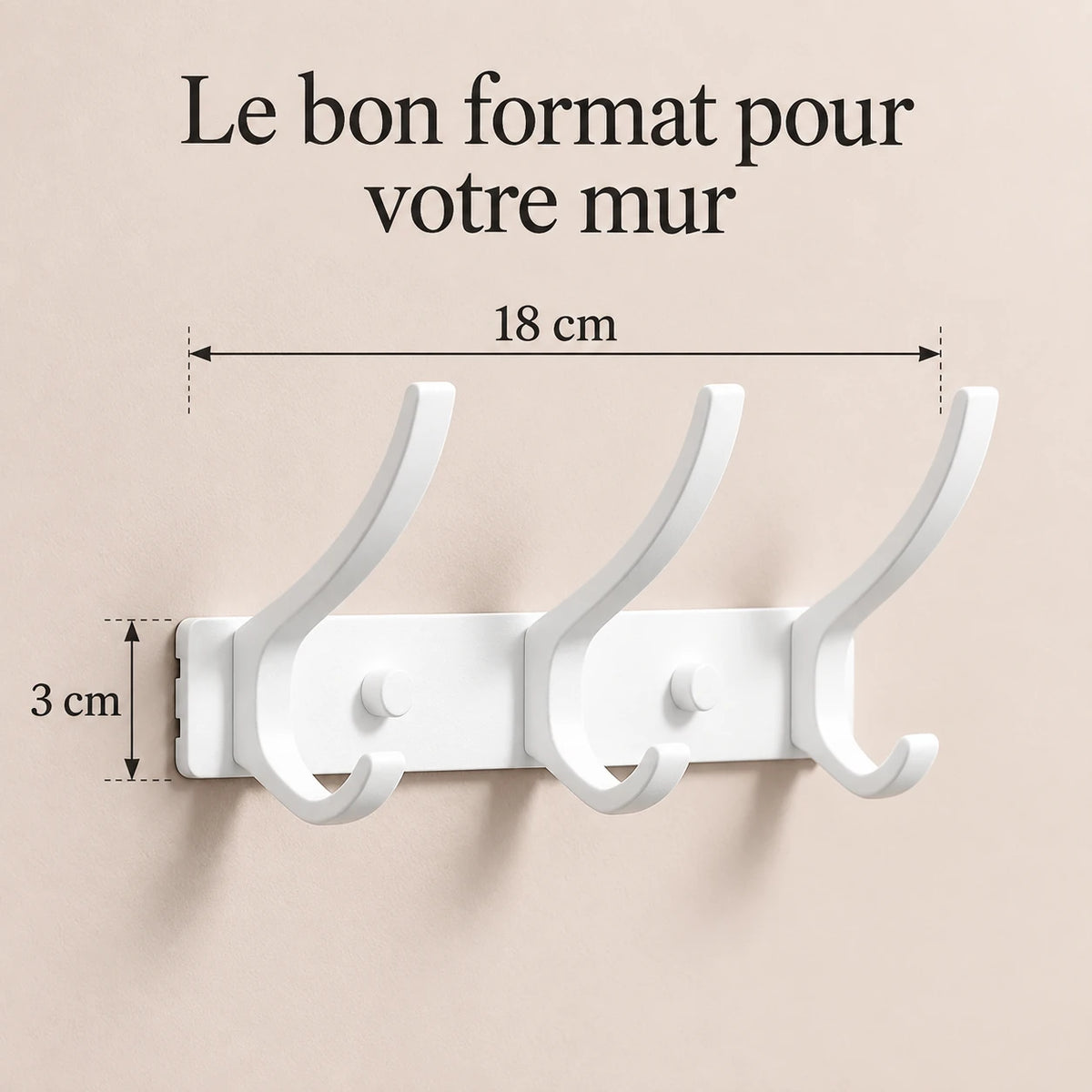 Crochet mural pliant blanc 3 crochets aluminium, porte-manteau mural blanc : infographie des dimensions