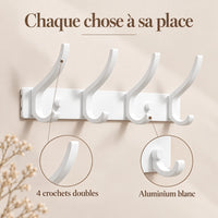 Crochet mural pliant blanc 4 crochets aluminium, porte-manteau mural blanc : infographie des crochets doubles et de l'aluminium blanc