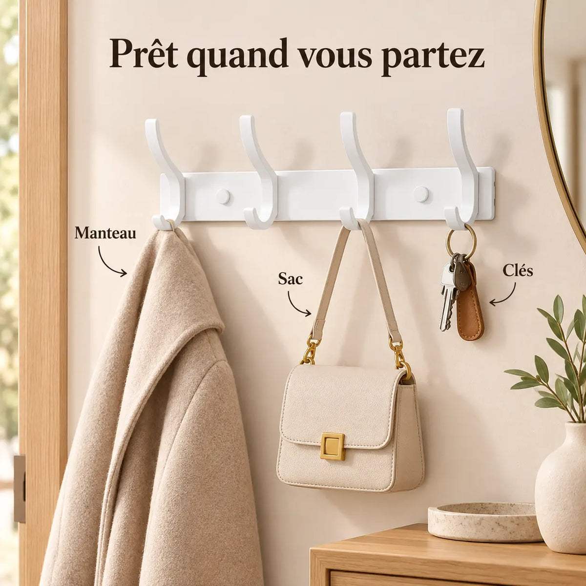 Crochet mural pliant blanc 4 crochets aluminium, porte-manteau mural blanc : avec manteau, sac et clés suspendus