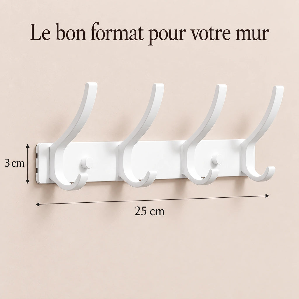 Crochet mural pliant blanc 4 crochets aluminium, porte-manteau mural blanc : infographie des dimensions