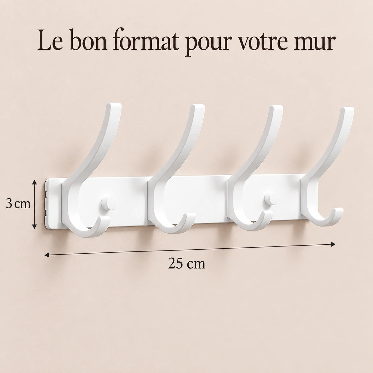 Crochet mural pliant blanc 4 crochets aluminium, porte-manteau mural blanc : infographie des dimensions
