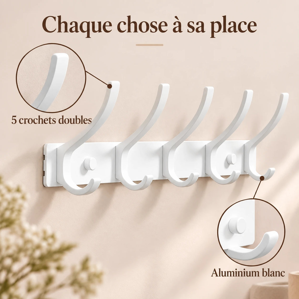 Crochet mural pliant blanc 5 crochets aluminium, porte-manteau mural blanc : infographie des crochets doubles et de l'aluminium blanc