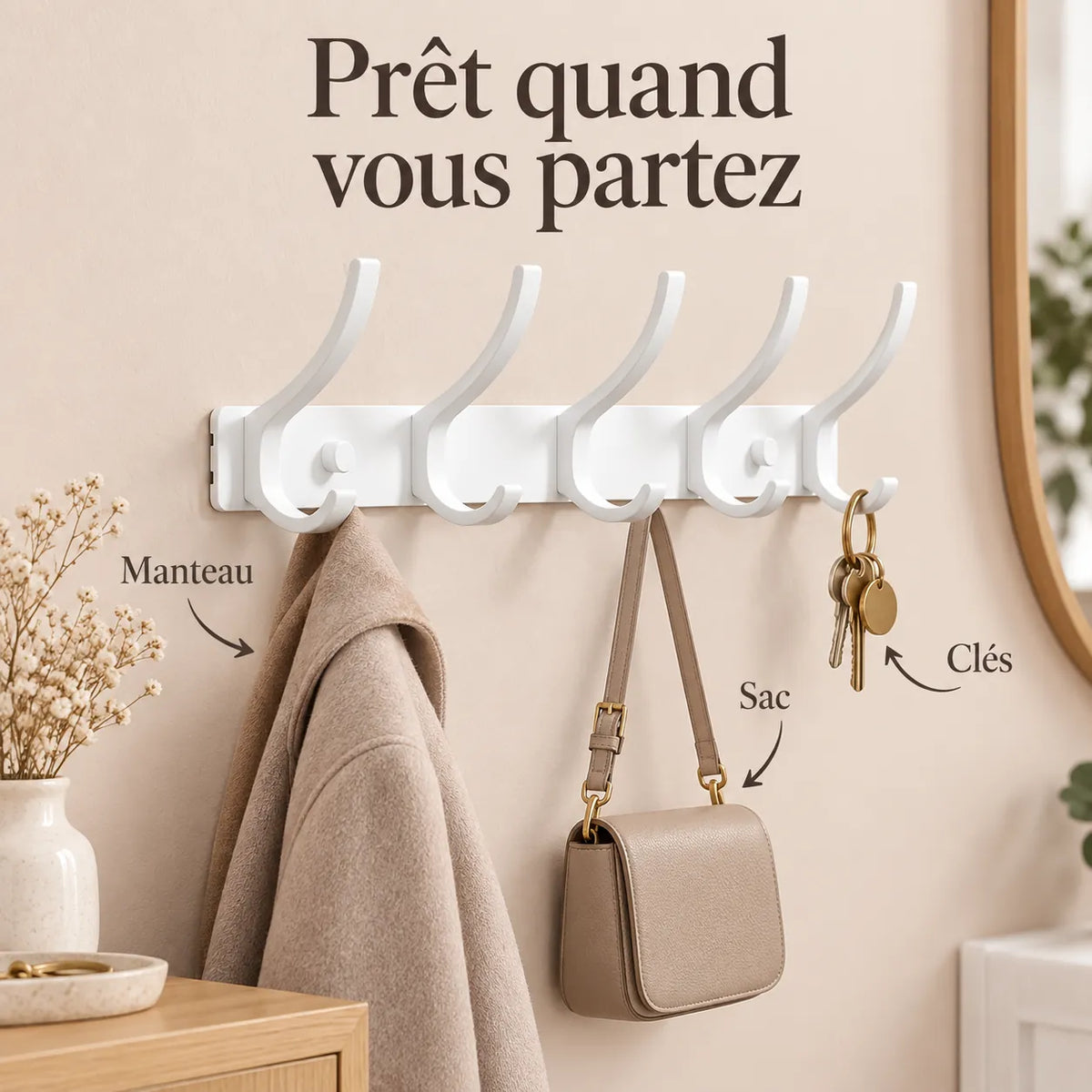 Crochet mural pliant blanc 5 crochets aluminium, porte-manteau mural blanc : avec manteau, sac et clés suspendus