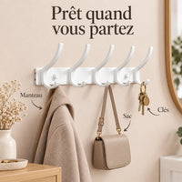 Crochet mural pliant blanc 5 crochets aluminium, porte-manteau mural blanc : avec manteau, sac et clés suspendus