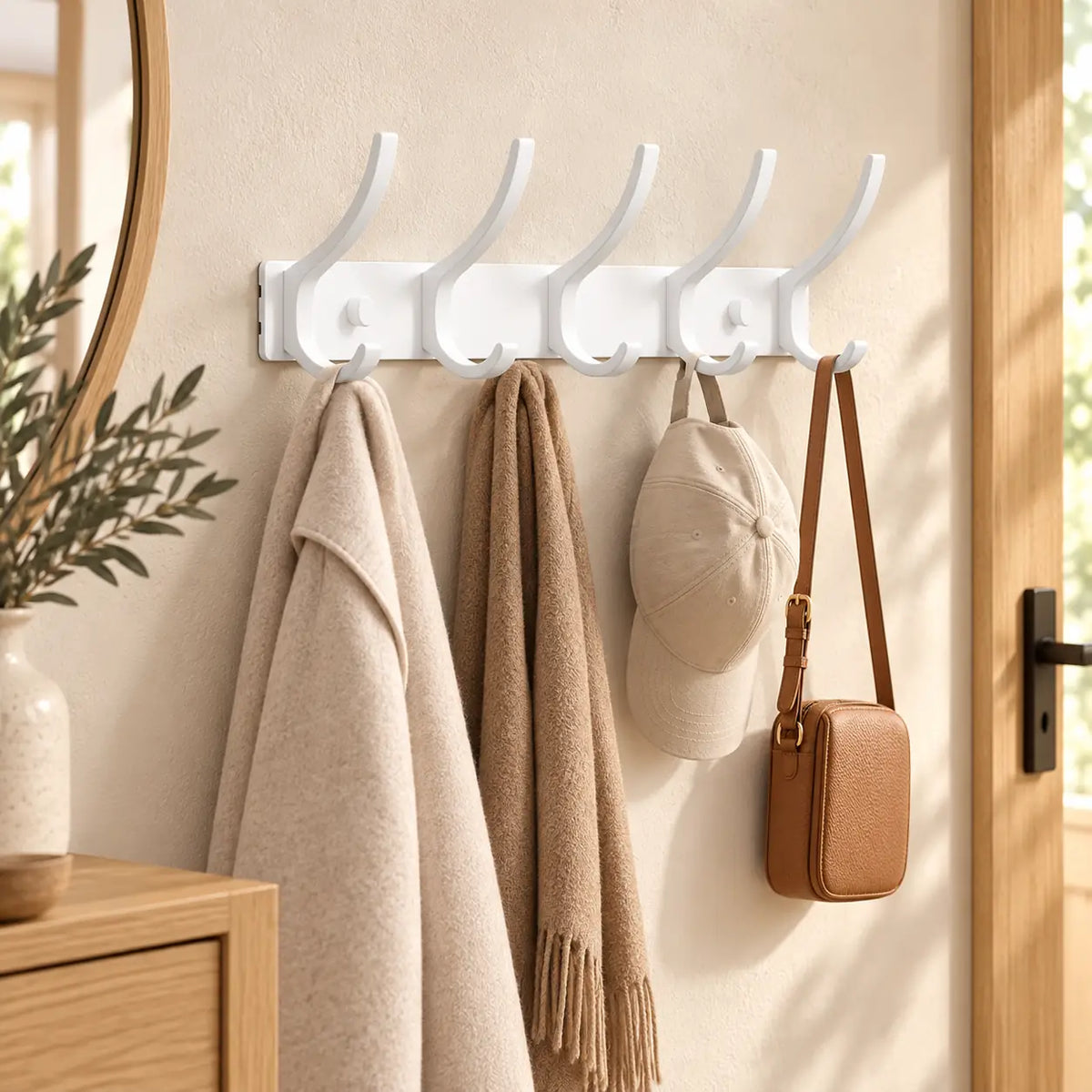 Crochet mural pliant blanc 5 crochets aluminium, porte-manteau mural blanc : installé dans une entrée lumineuse