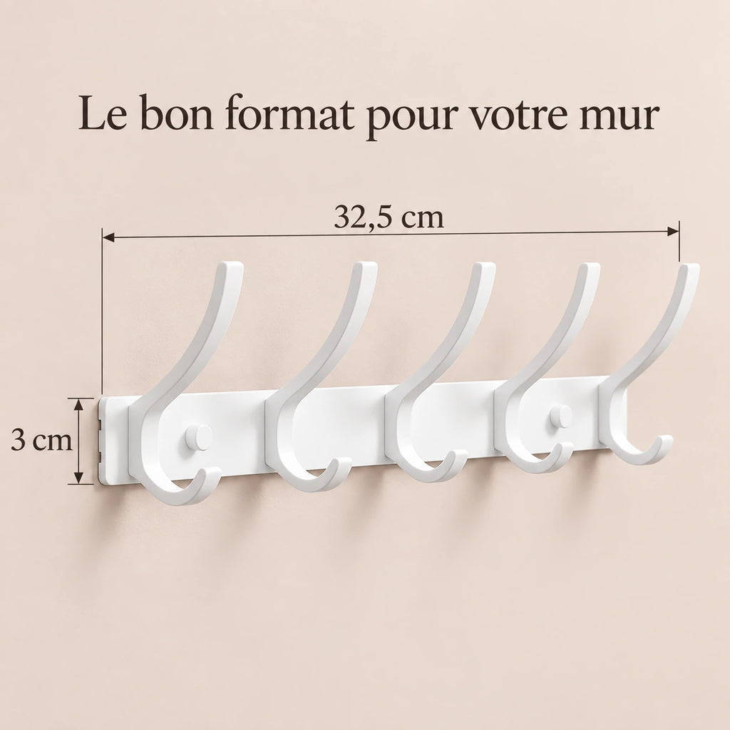 Crochet mural pliant blanc 5 crochets aluminium, porte-manteau mural blanc : infographie des dimensions